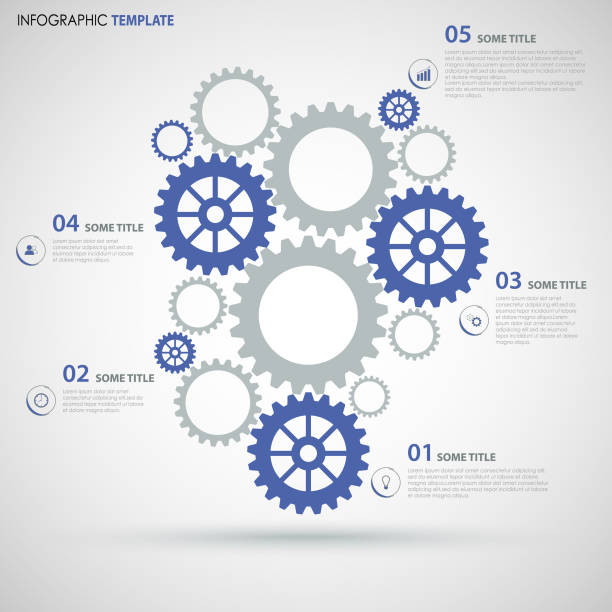 Info graphic with blue gray flat gear wheels design template Info graphic with blue gray flat gear wheels design template vector eps 10 gear mechanism stock illustrations
