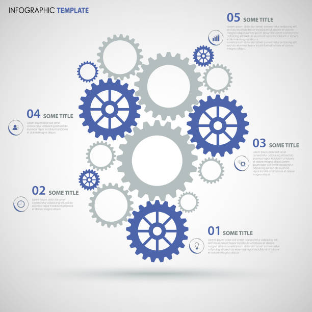 Info graphic with blue gray flat gear wheels design template Info graphic with blue gray flat gear wheels design template vector eps 10 h2o model stock illustrations