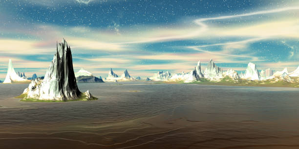istock Alien Planet. Mountain and  water. 3D rendering 1097951840