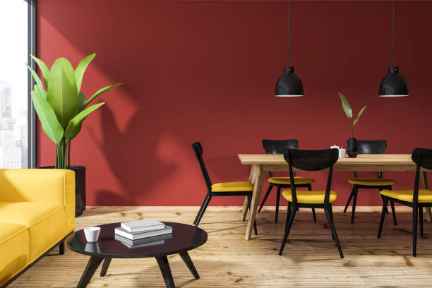 istock Red living room, yellow sofa 1097955448