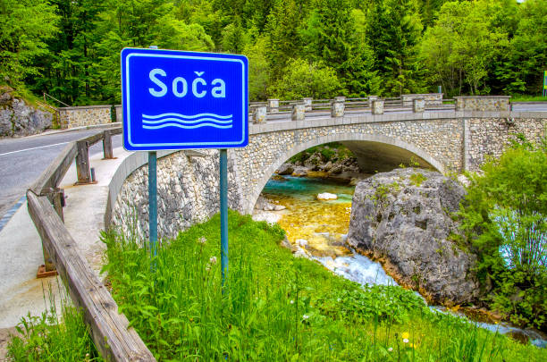 the soca or isonzo river sign in slovenia - triglav national park - narodni park imagens e fotografias de stock