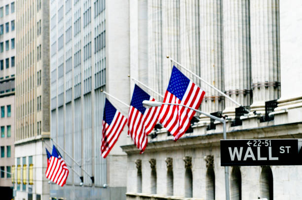 New York Wall Street and Stars and Stripes. Shooting Location: Manhattan, New York