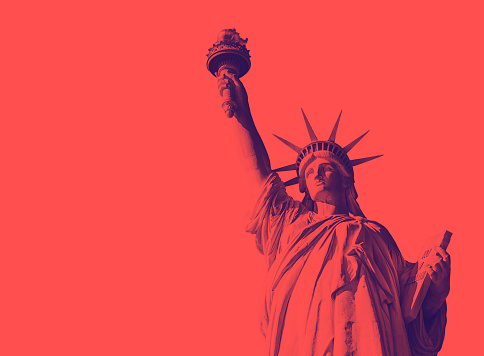 Bottom view of the famous Statue of Liberty, icon of freedom and of the United States. Red and purple duotone effect