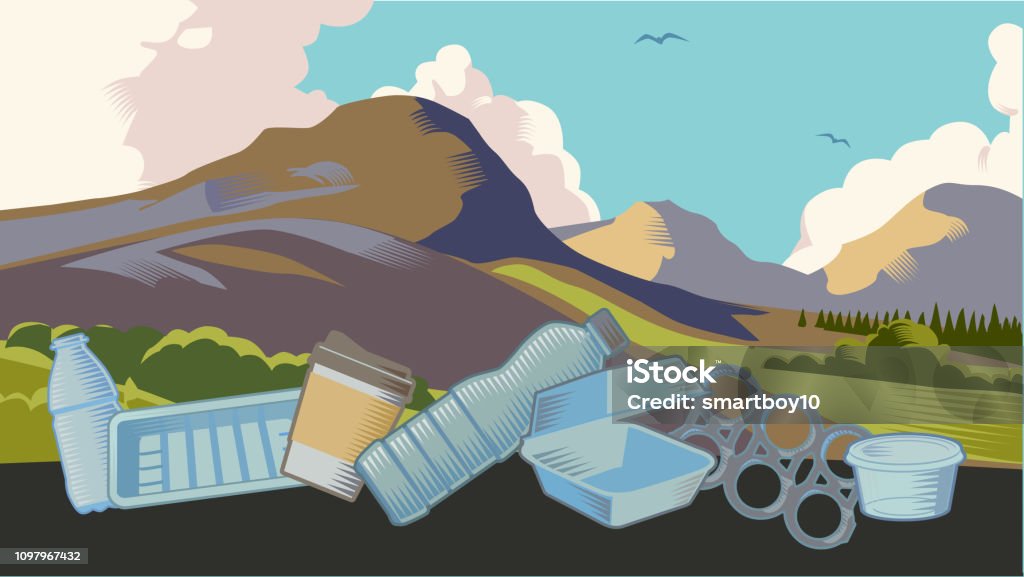 Mountain Landscape with Litter Landscape with hills, mountains in traditional crosshatch style with Litter Mountain stock vector
