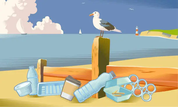 Vector illustration of Seaside beach scene with Litter