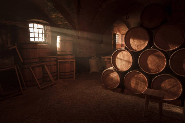 barrel making workshop in old basement. wine cellar. - carpentry toolbox craft product work tool imagens e fotografias de stock