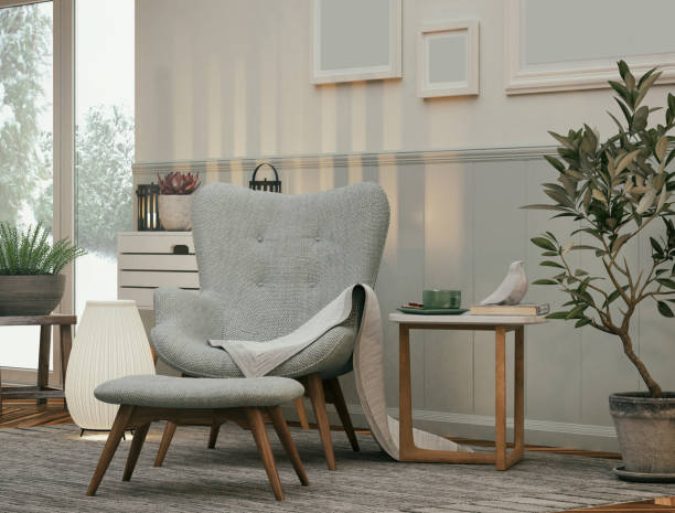 Armchair in the Living room Picture of a cozy armchair in the living room. Render image. carpet cushion stock pictures, royalty-free photos & images