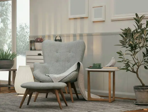 Picture of a cozy armchair in the living room. Render image.