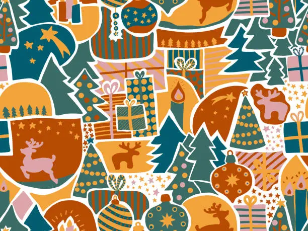 Vector illustration of Christmas seamless vector background. Modern holiday pattern in teal, green, gold, pink. Reindeer, elk, Christmas ornaments, gift boxes, trees, candles for wrapping, fabrics.