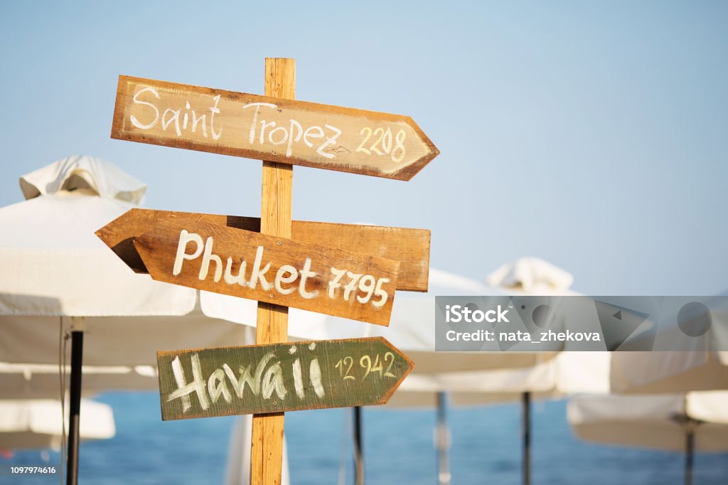 Wooden Pointer Post With Copy Space At The Beach Stock Photo - Download ...