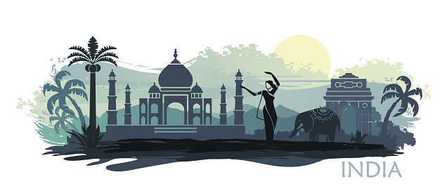 Stylized landscape of India with the Taj Mahal, an elephant and a dancer. Abstract skyline with spots and splashes of paint