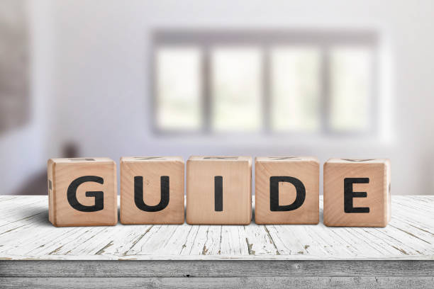 Guide sign made of wood on a desk in a bright room stock photo