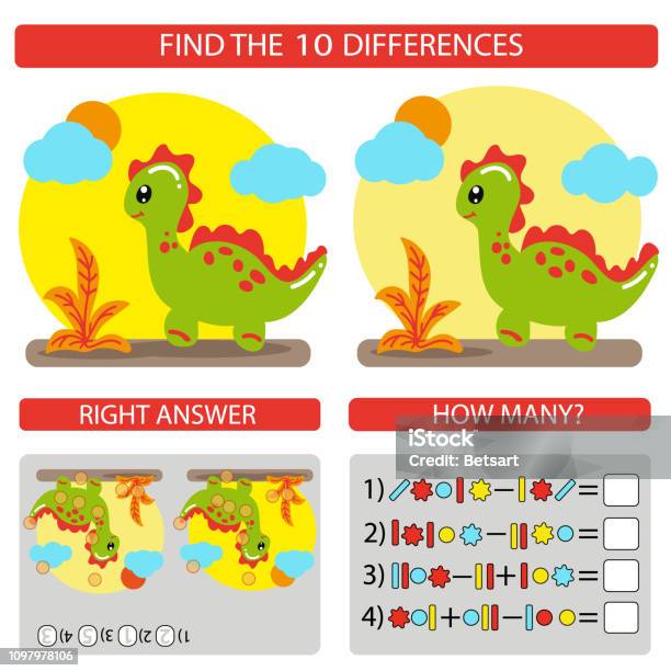 Find The Difference The Two Funy Little Dinosaur Children Riddle Entertainment Sheet Different Toys Construction Equipment Game Tasks For Attention Mathematical Exercise Vector Illustration Stock Illustration - Download Image Now