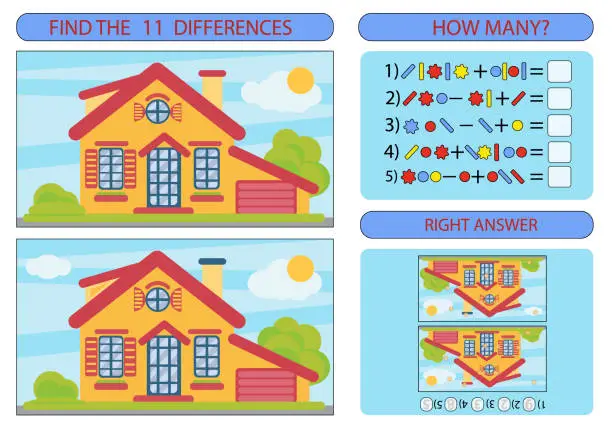 Vector illustration of Find the difference the two colored landscape with the house. Children funny riddle entertainment. Sheet different toys construction equipment. Mathematical exercise. Vector illustration.