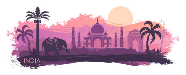 인도의 타지마 할과 코끼리와 양식에 일치 시키는 풍경입니다. 벡터 배경 - taj mahal india gate palace stock illustrations