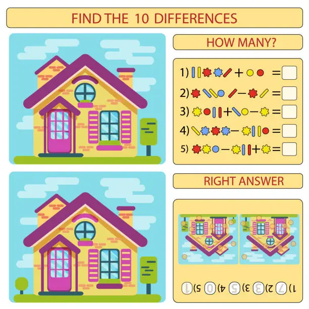 Vector illustration of Find the difference the two colored house. Children funny riddle entertainment. Sheet different toys construction equipment. Mathematical exercise. Vector illustration.