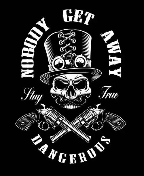 Vector illustration of Black and white shirt design with a skull and guns,