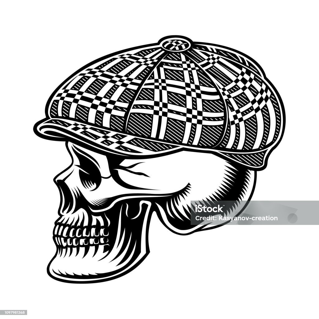 Black and white  illustration of a bully skull in cap black and white  illustration of a bully skull in cap on the white background. Art stock vector