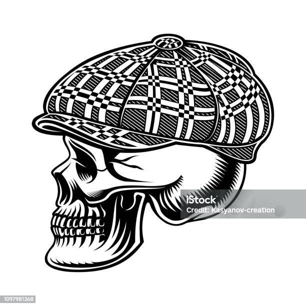 Black And White Illustration Of A Bully Skull In Cap Stock Illustration - Download Image Now