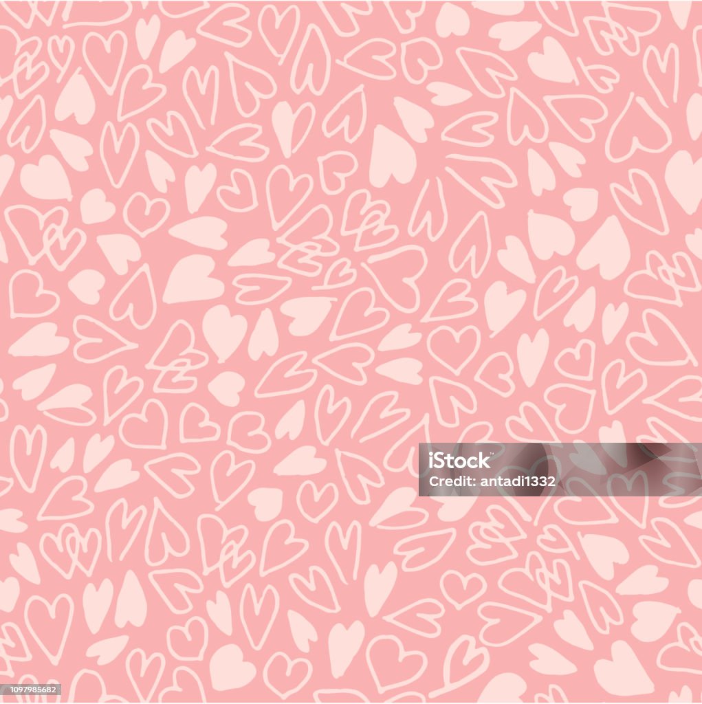 手描き心のシームレスなパターン。ピンクの背景に単純なカオス的光ピンクのハート形。平面ベクトルのテクスチャです。 - ハート型のロイヤリティフリーベクトルアート
