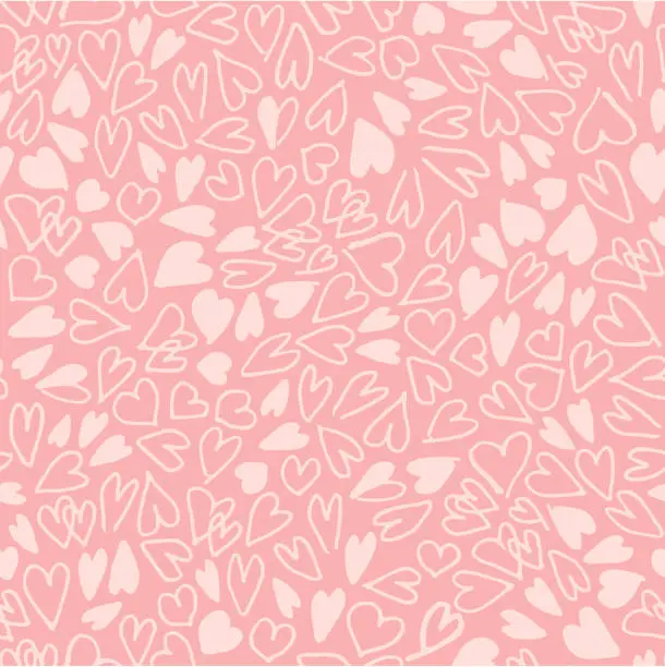 Vector illustration of Hand drawn hearts seamless pattern. Simple chaotic light pink heart shapes on pink background. Flat vector texture.