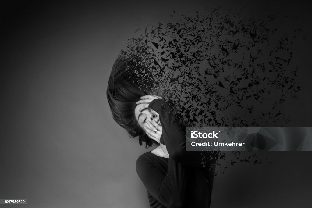Portrait Of Women Throwing Hair Pixel Explosion Stock Photo - Download ...