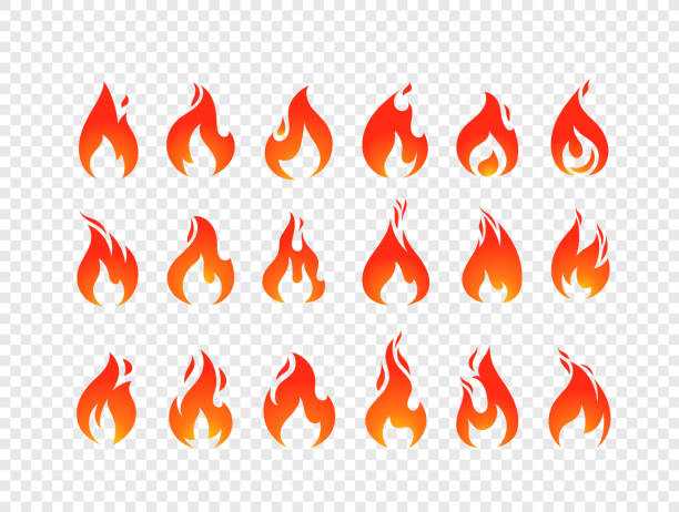 brennenden flammen vektor festlegen isolierten auf transparenten hintergrund - fireball fire isolated cut out stock-grafiken, -clipart, -cartoons und -symbole
