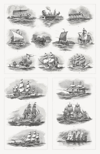 historische schiffstypen von der antike bis ins 19. jahrhundert - sailing ship sailing sea military ship stock-grafiken, -clipart, -cartoons und -symbole