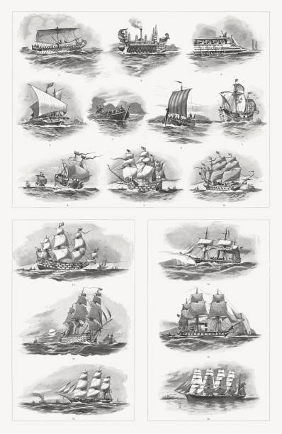 исторические типы судов с древности до xix века - sailing ship sailing sea military ship stock illustrations