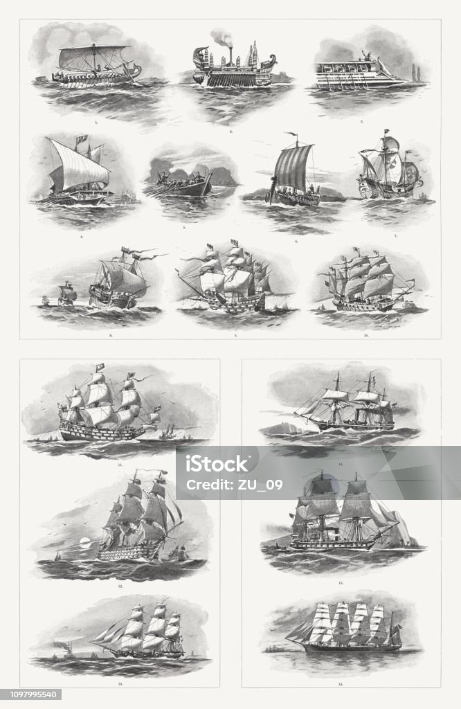 Historic types of ships from antiquity to the 19th century Historic types of ships from antiquity to the 19th century: 1) Egyptian sea ship; 2) Syracusia - designed by Archimedes and built around 240 BC by Archias of Corinth on the orders of Hieron II of Syracuse. 3) Trireme - ancient Greek or Roman war galley with three banks of oars. 4) Venetian galley; 5) Viking boat; 6) Viking ship; 7) Caravel of Christopher Columbus; 8) Hanseatic cog (14th and 15th century); 9) Henry Grace à Dieu - Henry VIII's flagship (1515); 10) "Great Harry" in 1550 (Henry Grace à Dieu after renaming); 11) English warship "Royal Sovereign (Sovereign of the Seas)" in 1637; 12) English warship "Nelsons Victory (HMS Victory)"; 13) Prussian sailing corvette "Amazone" (1861 sank); 14) German steam corvette "Augusta" (1885 sank); 15) German steam frigate "Elisabeth"; 16) Hamburg five-masted steel barque "Potosi" (1894). Raster prints after drawings, published in 1897. Ship stock illustration