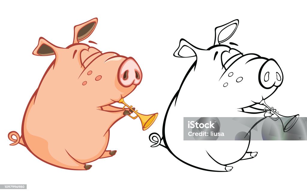 Vector Illustration of a Cute Pig Musician Coloring Book Cartoon Character the little cheerful pig the musician plays instruments and his sketch Animal stock vector