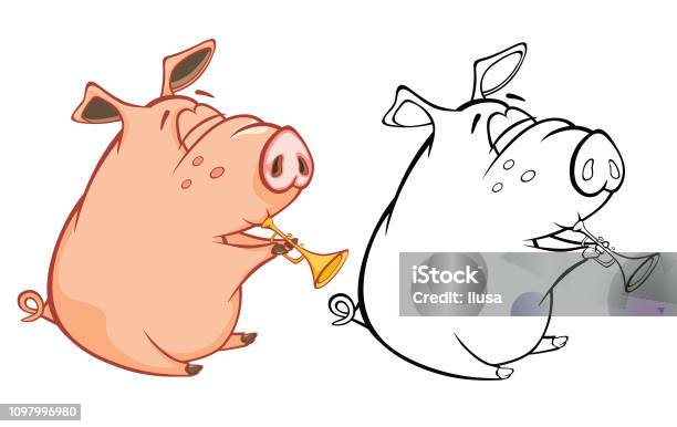 Vector Illustration Of A Cute Pig Musician Coloring Book Cartoon Character Stock Illustration - Download Image Now