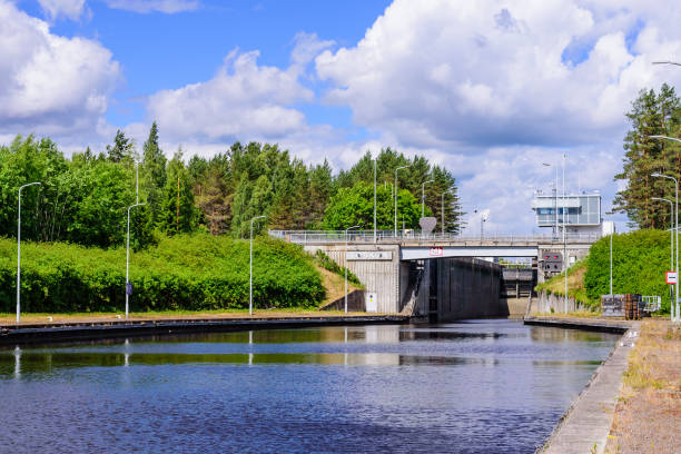 Saimaa canal Lappeenranta, Finland - June 23, 2018: Hydraulic structure. Gateways on the Saimaa canal. Saimaa canal near Lappeenranta, beautiful summer landscape saimaa stock pictures, royalty-free photos & images