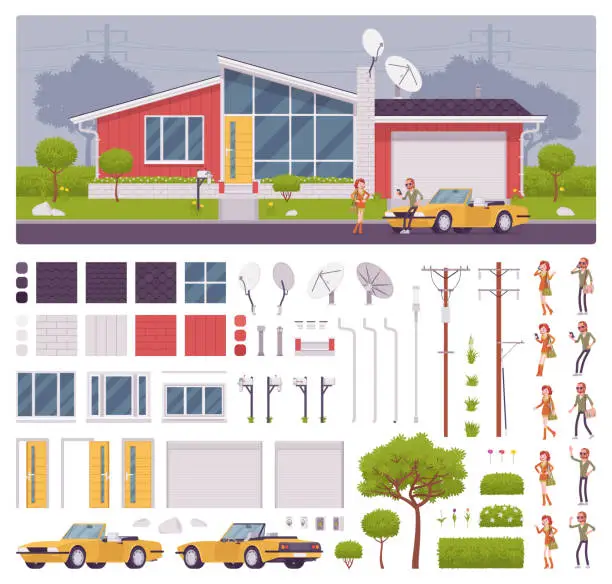 Vector illustration of House creation set with modern glass suburban architecture