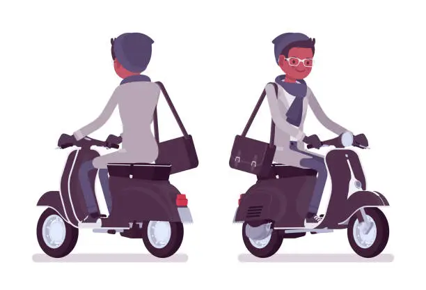 Vector illustration of Stylish young black riding a scooter