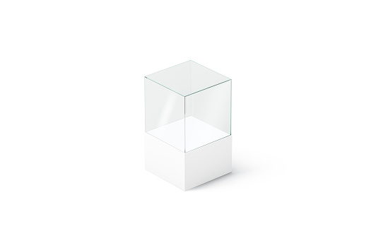 Blank white glass podium cube mockup, isolated, side view, 3d rendering. Empty acryl vitrine mock up. Clear display box for boutique sale or exhibit template.