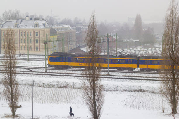Dutch train in Amsterdam during snowfall Amsterdam, the Netherlands - January 22 2019: Dutch electric intercity train riding through Amsterdam in snow view from above tasrail stock pictures, royalty-free photos & images