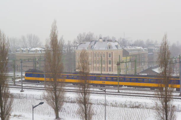 Dutch train in Amsterdam during snowfall Amsterdam, the Netherlands - January 22 2019: Dutch electric intercity train riding through Amsterdam in snow view from above tasrail stock pictures, royalty-free photos & images