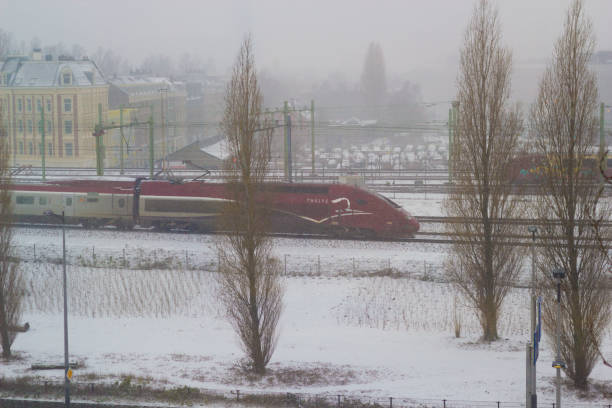thalys fast train in the snow in Amsterdam Amsterdam, the Netherlands - January 22 2019: Thalys high speed intercity train riding through Amsterdam in snow view from above tasrail stock pictures, royalty-free photos & images