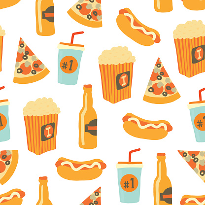 Fast food seamless vector pattern. Snack food and drinks Background with hand draw pizza, hot dog, popcorn, beer, cup. Doodle snack items. Use for menu, flyer, decor, summer, football or soccer party.