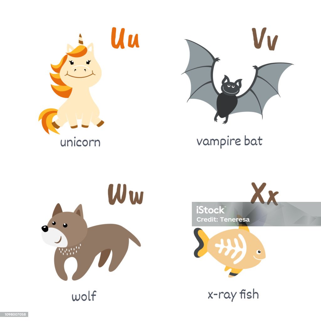 Animal Alphabet With Unicorn Vampirebat Wolf Xray Fish Stock Illustration -  Download Image Now - iStock