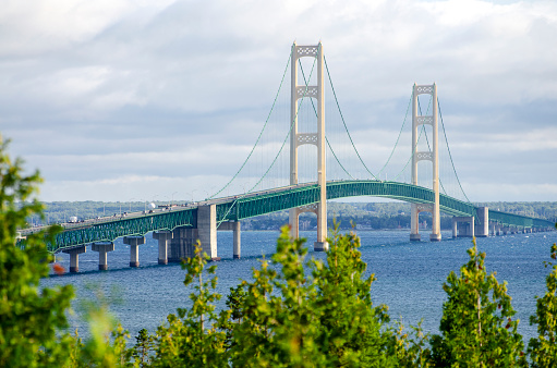 Mackinac Bridge over the Straits of Mackinac connects the Upper and Lower Peninsulas of Michigan, USA.