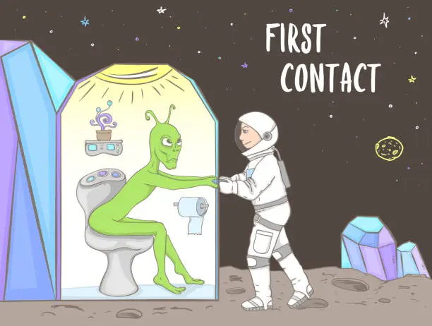 Vector illustration of First time meeting of astronaut and alien in space