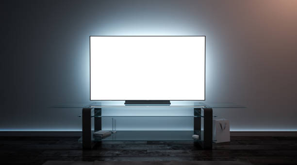 Blank white tv screen interior in darkness mockup Blank white tv screen interior in darkness mockup, front view, 3d rendering. Empty telly plasma display in living room mock up. Clear smart panel monitor on glass shelf template. television set stock pictures, royalty-free photos & images