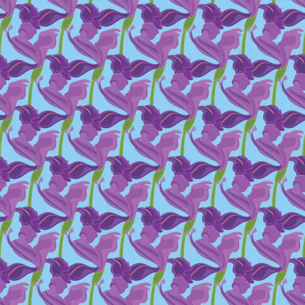 Vector illustration of Purple Iris. Floral seamless pattern.