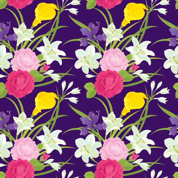 Vector illustration of Pink Roses, Iris, White Lilies and Yellow Calla Lily. Floral seamless pattern.