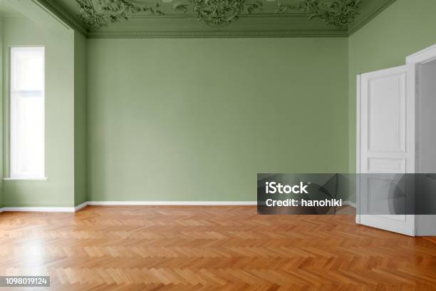 Empty Room With Green Painted Walls Home Renovation Concept Stock Photo - Download Image Now