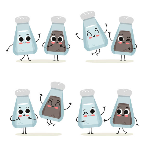 Salt and pepper shakers. Cute spice vector character set isolated on white Salt and pepper shakers. Cute spice vector character set isolated on white salt seasoning stock illustrations