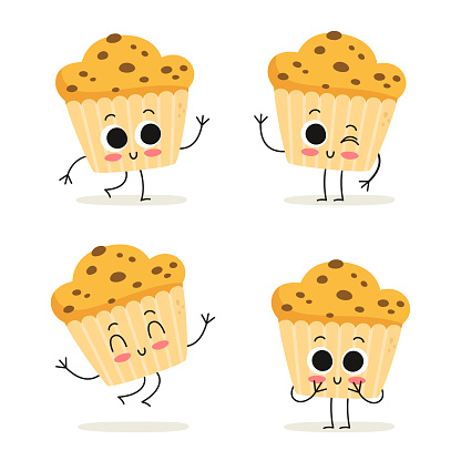 Muffin. Cute fast food dessert vector character set isolated on white