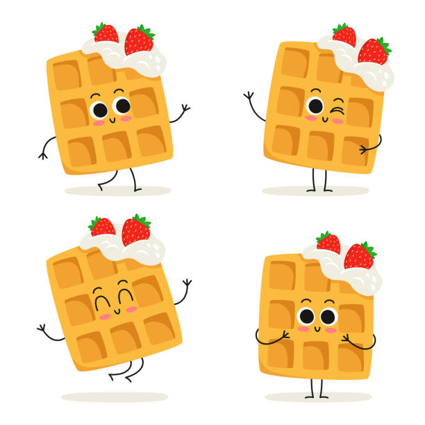 ilustrações de stock, clip art, desenhos animados e ícones de waffles with whipped cream and strawberries. fast food dessert character set isolated on white - wafer waffle isolated food